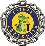 Cayman Locksmith logo — an alligator holding a key inside a chain ring
