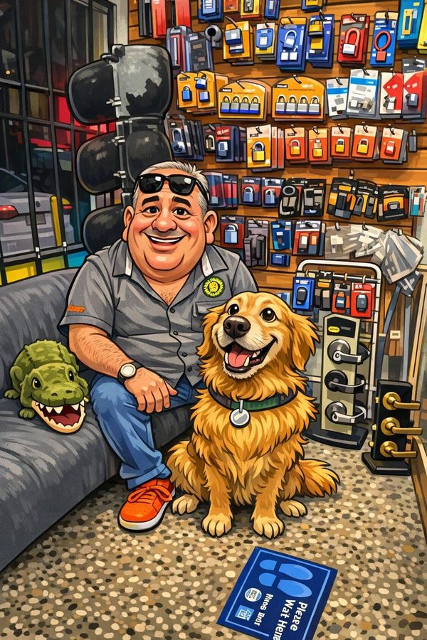 Illustrated portrait of the Cayman Locksmith owner inside the shop with his dog